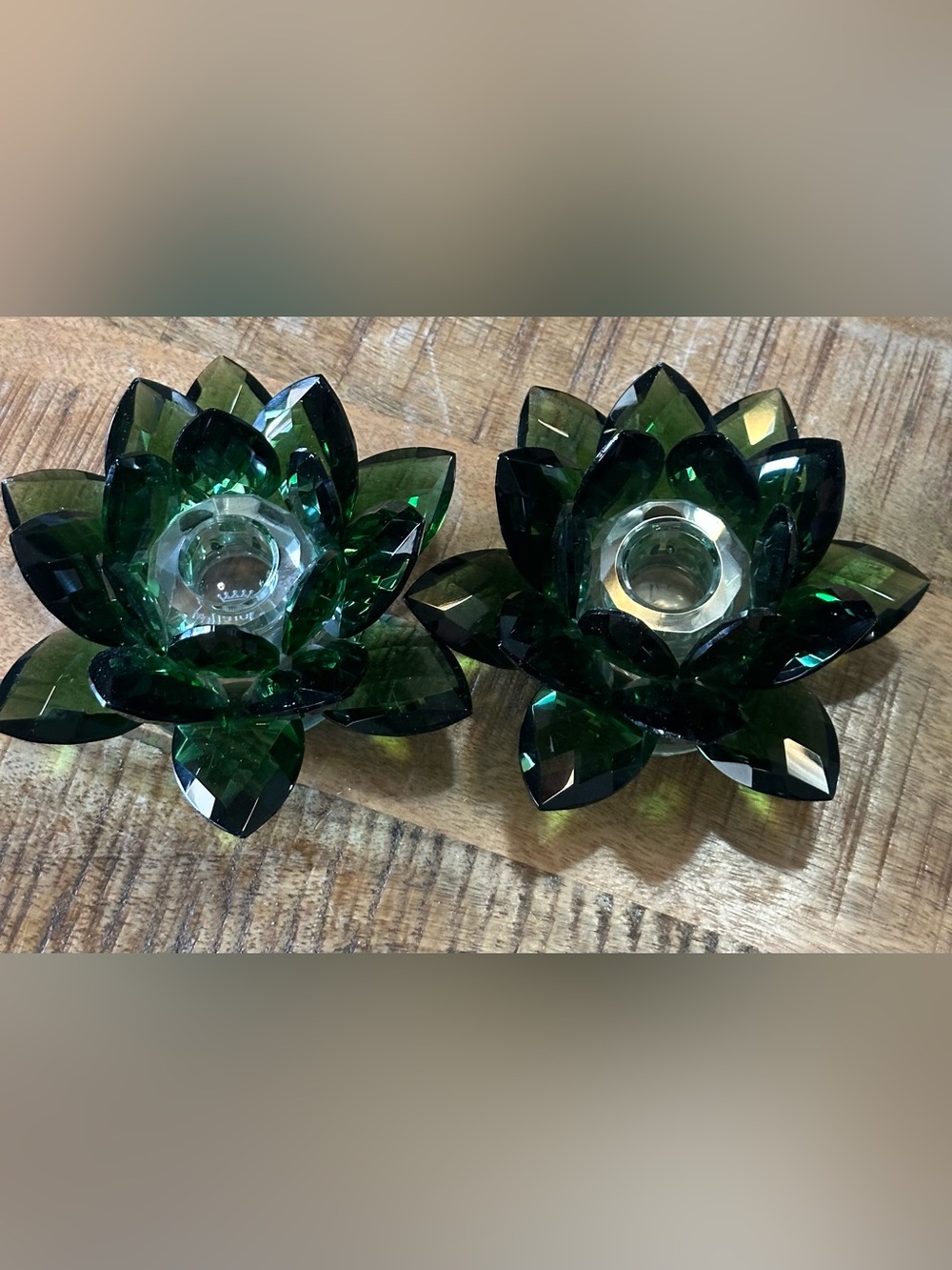 Sorelle Emerald Green Crystal Lotus Candle Holders Set of 2 w/ Original Box